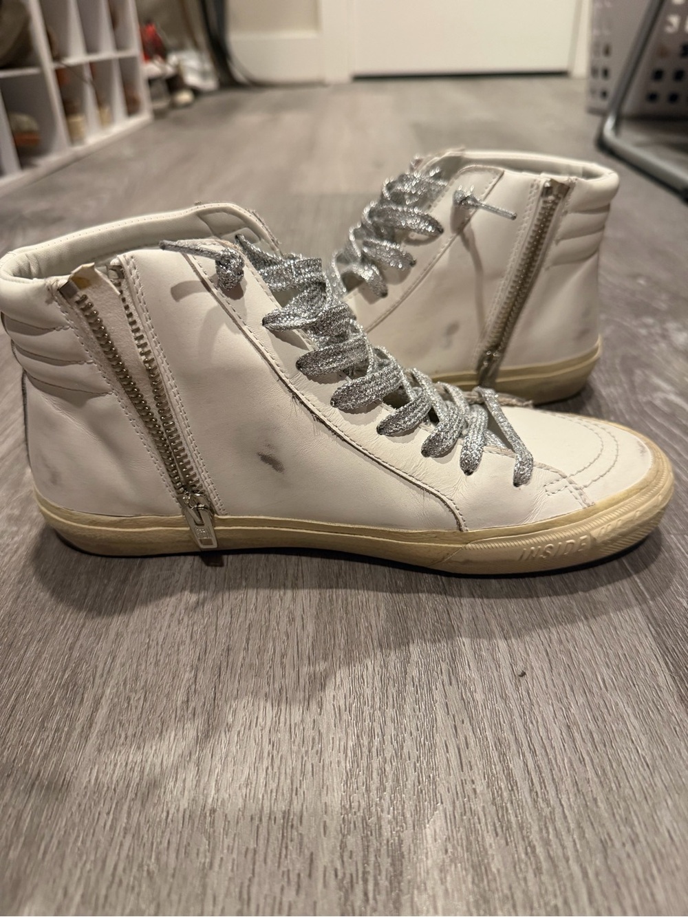 Golden Goose White High-Top Sneakers with Pink Stripe & Blue Star - Picture 2 of 9